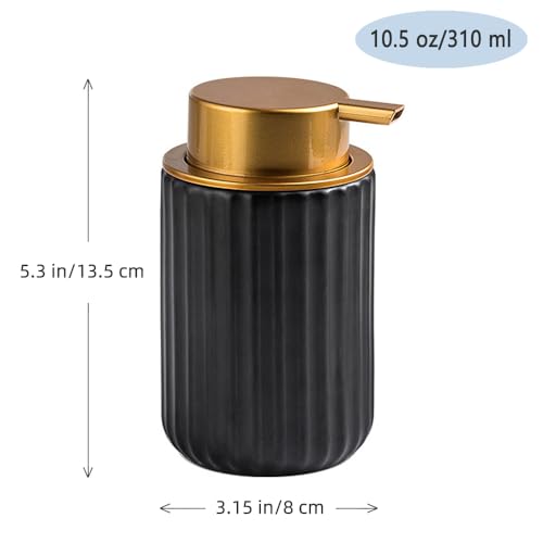 Decorative Foaming Soap Dispenser, Ceramic Lotion Dispenser for Bathroom, Vertical Stripe Design with Golden Pump(Black)