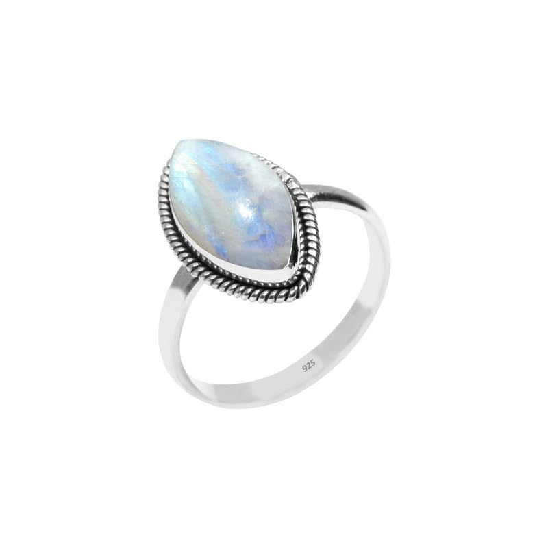 Rainbow Moonstone Ring 925 Sterling Silver Statement Ring For Women and Girls Handmade Rings Natural Marquise Gemstone Ring Promise Ring For Christmas Size US 9 Gift For Her