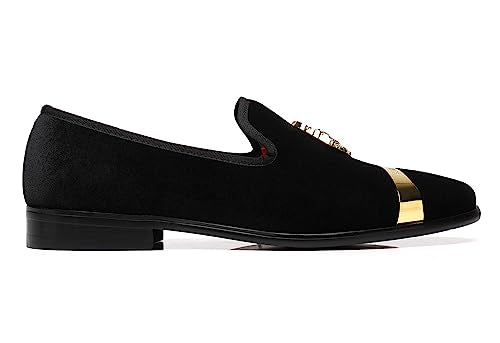 ELANROMAN Black Men Dress Velvet Loafers Gold Buckle Fashion Designer Penny Slippers Wedding Party Dance Shoes US 8