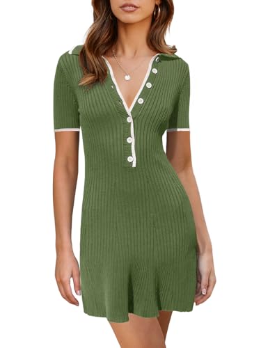 Saodimallsu Womens V Neck Short Sleeve Slim Fit Bodycon Sweater Dress Button Up Ribbed Knit Mini Summer Dresses Army Green