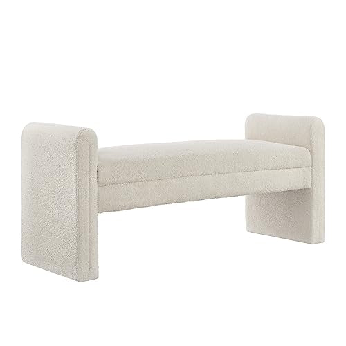 24KF Modern Boucle Teddy Lovely Bench, Upholstered Bed Bench Entryway Bench Ottoman with Armrest -Black