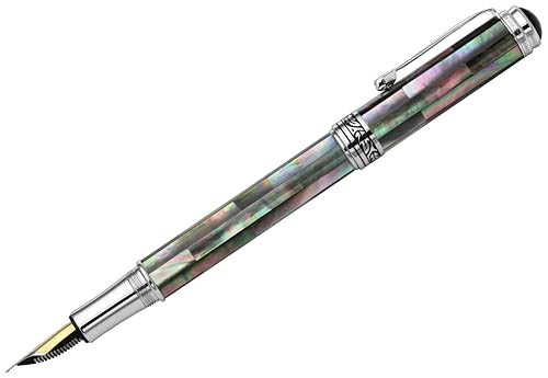 Xezo Maestro Fountain Pen, Medium Nib. Handcrafted with Black Mother of Pearl Inlay. Platinum Plated. Limited Edition, Serialized. No Two Alike