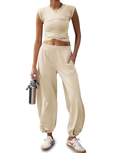 Fisoew Women's Two Piece Outfits Casual Lounge Sets Crop Tops and Joggers Tracksuit with Pockets (Black, Small)