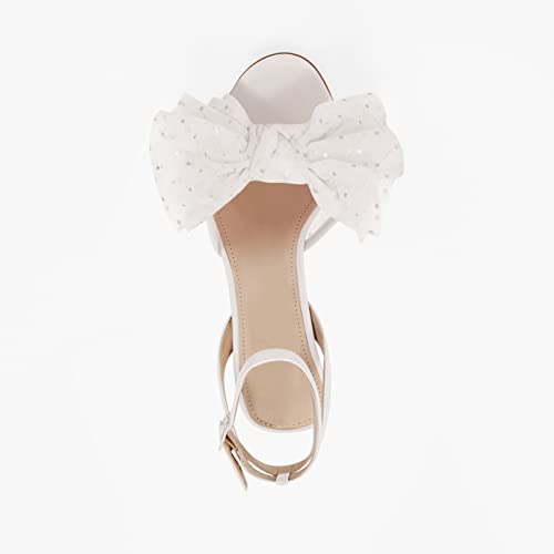 Coutgo Womens Bow Tie Heels Sandals Slingback Peep Toe Wedding Heels Mesh High Stiletto Heel Summer Cute Wedding Bridal Shoes White