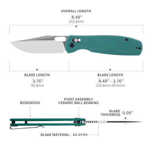 CJRB Prado Pocket Knife 3.76" AR-RPM9 Sand Polish Steel Blade G10 Handle Crossbar Lock Folding Pocket Knife for Men Outdoor Survival Camping and EDC, J1936 Aqua Green