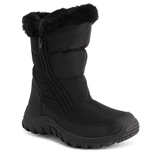 POLAR Womens Memory Foam Twin Zip Opening Pull On Nylon Waterproof Thick Faux Fur Lined Winter Rain Snow Boots - Black Beige Fur - EU36/US5 - YC0662