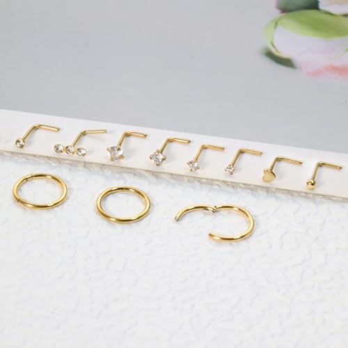 11PCS 20G Gold Nose Rings L Shaped Nose Studs, 316L Surgical Steel Nose Studs Rings Hoops for Women Men Hypoallergenic Tiny CZ Heart Nose Studs 1.5mm 2mm 2.5mm 3mm Nose Piercings Jewelry 8MM (11PCS Silver)