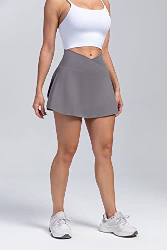 Raroauf Womens Pleated Tennis Skirts High Waisted Crossover Athletic Skorts for Golf Running Casual Workout Mini Grey(S)