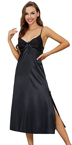 EPLAZA Women Plain Satin Chemise with Skull Long Slip Night Dress Sleepwear for halloween Bridal Party (Khaki, Small)