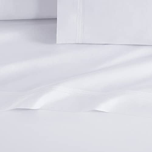 Aston & Arden Sateen Sheet Set - 100% Cotton 600 Thread Count Luxurious Hotel Silky Sheets, Pristine White with Fine Baratta Embroidered 3-Striped Hem, Wrinkle Resistant, Twin, Dove White