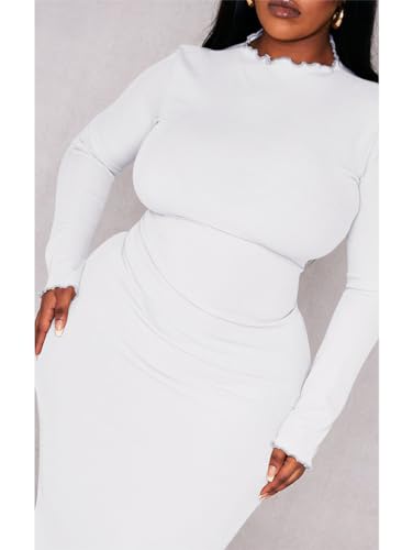 BEAGIMEG Women's Sexy Bodycon Plus Size Long Sleeve Rib Lettuce Hem Club Evening Party Maxi Dress White