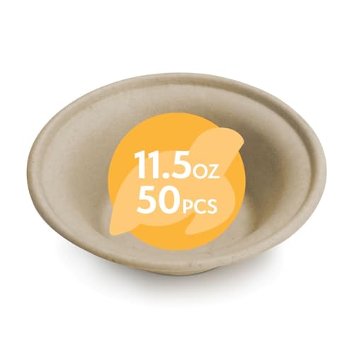 100% Compostable Paper Bowls [11.5oz 50 Pack] Soup Bowls, Pasta Bowls, Cereal, Salad, Ice Cream, Disposable Bamboo Small Bowls, Biodegradable, Unbleached by Earth's Natural Alternative