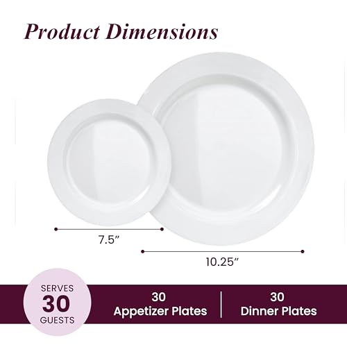 Pack of 60 White Plastic Plates - Aya's Heavy Duty Disposable Set of 30 Dinner and 30 Salad Plates - Durable Round Plastic Dinnerware Set for Parties and Events