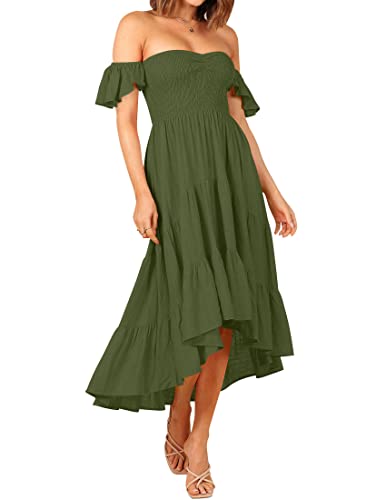 ZESICA Women's 2024 Summer Boho Off Shoulder Short Sleeve Smocked Ruffle Swing High Low Mermaid Cocktail Party Dress,SkyBlue,Small