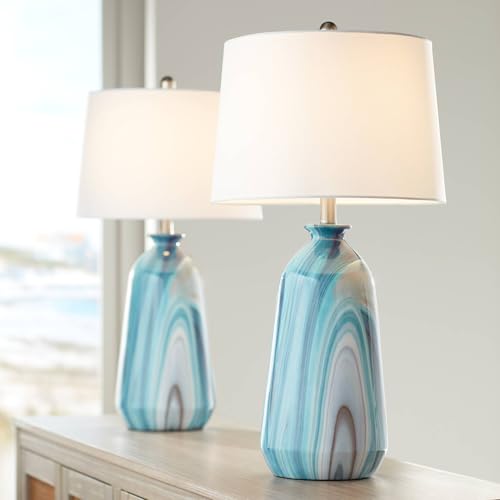 360 Lighting Carlton Modern Coastal Table Lamps 28" Tall Set of 2 Swirling Blue Faux Marble White Tapered Drum Shade for Bedroom Living Room House Home Bedside Nightstand Office Kids Family