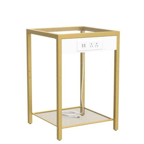 HOOBRO Side Table with Charging Station, End Table with USB Ports, Nightstand for Tight Spaces, Tempered Glass, Modern Metal Frame, for Office, Bedroom, Living Room, Study, Gold GD76UBZ01