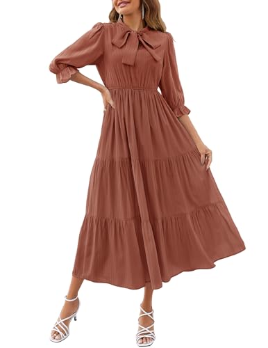 ZESICA Women's Casual Half Sleeve Tie V Neck Elastic High Waist Solid Color Flowy Tiered A Line Beach Party Maxi Dress,Apricot,Small