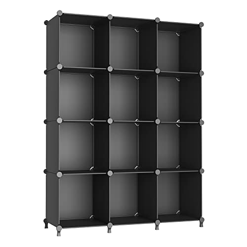 AWTATOS Cube Storage Organizer Storage 12 Cube Bookshelf DIY Plastic Closet Storage Shelves with Wooden Mallet, Ideal Storage Solution for Home, Bedroom, Black