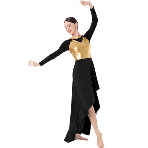 IBAKOM Women Gold Metallic High Low Praise Dance Dress Long Church Liturgical Worship Costume Tunic Lyrical Dance Outfits Ballerina Ballroom Dance Costume Christen Prayer Dance Dress Black High-Low S