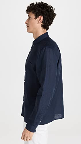 Lacoste Men's Long Sleeve Regular Fit Linen Button Down with Front Pocket, CH5692-166-XS/S Navy Blue