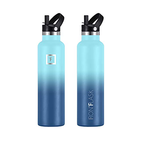 IRON °FLASK Camping & Hiking Hydration Canteens - 3 Lids (Narrow Straw Lid) Leak Proof Vacuum Insulated Stainless Steel - Hot & Cold Double Walled Sports Water Bottle - Blue Waves, 24 Oz