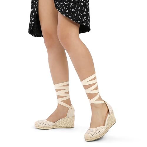 mysoft Women's Espadrille Platform Wedge Sandals Closed Toe Ankle Strap Lace up Summer Shoes