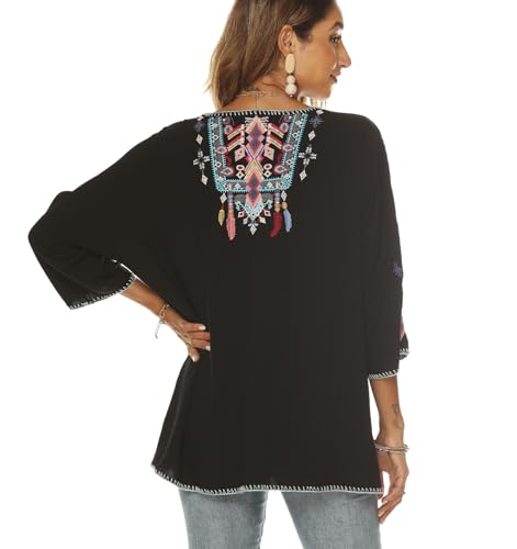 Higustar Mexican Embroidered Tops for Women Traditional Boho Tunics Bohemian Shirts Plus Size Peasant Clothes Blouses Black