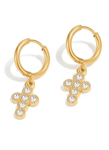 PANSTAR 18K Gold Cross Earrings for Women Small Pearl Studs Earrings Sterling Silver Posts Pearl Earrings Studs, Hypoallergenic Pearl Earrings, Gifts For Women (with Gift Box)