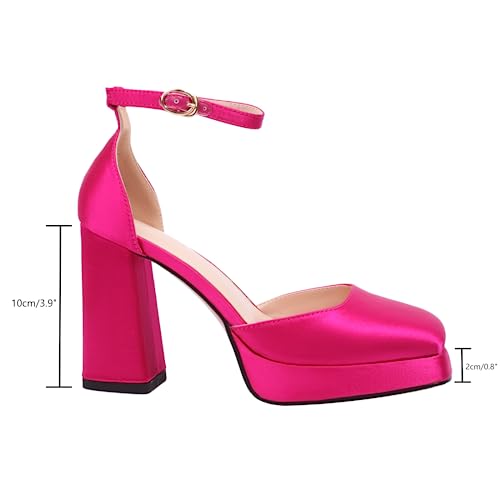 XIEDA Women's Hot Pink Heels Platform High Chunky Block Heels Ankle Strap Closed Toe Pumps Shoes (6.5, Hot Pink)