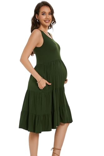 Smallshow Women's Maternity Dress Sleeveless Ruffle Tank Pregnancy Clothes,Army Green,M