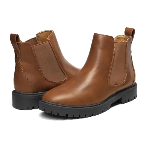 DREAM PAIRS Women's Low Heel Chelsea Ankle Boots Fashion Slip On Elastic Fall Booties Shoes,Size 10,Brownish/Yellow/PU,DAB213