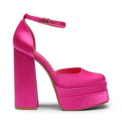 DREAM PAIRS Womens Pointed Toe High Chunky Heels Pump Shoes, Rose Red-Satin - 10 (SDPU2319W)
