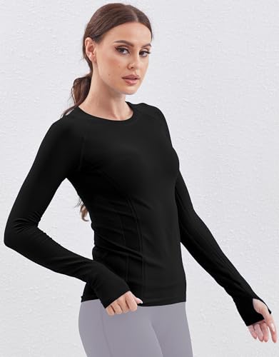 Gxpok Long Sleeve Workout Tops for Women Slim Fit,High-Stretch & Ultra-Soft Yoga Athletic Long Sleeve Shirts with Thumbhole(B Black,S)