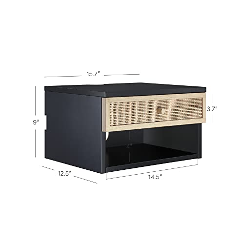 Nathan James Jackson Wall Mounted Rattan Floating Bedroom Nightstand with Storage Drawer and Modern Open Shelf Cubby, Black/Rattan