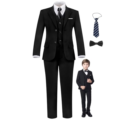 Fxzpiodi Suit for Boys Slim Fit Wedding Outfit Suit Size 2-20 Kids 6 Piece Tuxedo Solid Formal Dresswear of Jacket Vest Pants Shirt and Tie Black 20