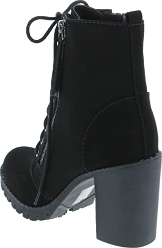 Soda Malia Round Toe Stacked Lug Heel Lace Up Ankle Booties (Black (PU), numeric_11)