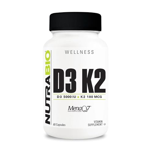 NutraBio Vitamin D3 K2 | 5000 IU D3 as Cholecalciferol with Vitamin K2 as Mena-Q MK7 (180mcg) | Support Bone and Heart Health | Non-GMO, Gluten Free, Lactose Free | 60 Vegetable Capsules