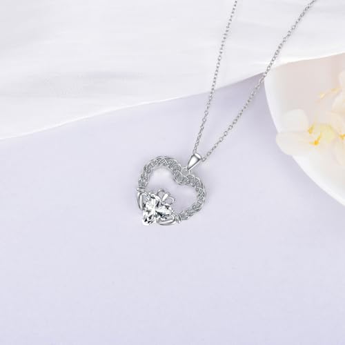 LONAGO Irish Claddagh Necklace Sterling Silver Claddagh Heart Necklace with White Crystal Gift for Women (April)