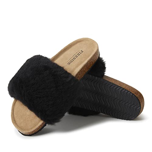 Dearfoams Women's Fireside Canberra Shearling Cork Footbed Easy on/Off Slide Sandal, Black, 6