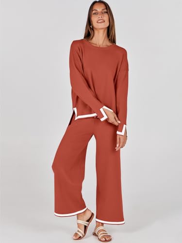 ANRABESS Women's Two Piece Outfits Long Sleeve Knit Pullover Sweater Tops & Wide leg Pants Casual Lounge Matching Sweatsuit Tracksuits Sets Red Apricot Medium