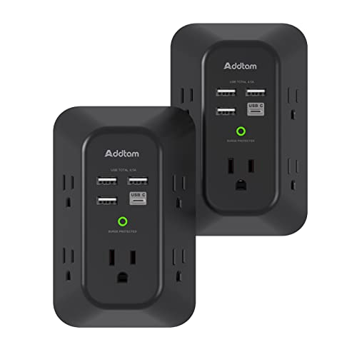 2 Pack Addtam USB Wall Charger Surge Protector, 5 Outlet Extender with 4 USB Charging Ports (1 USB C Outlet) 3 Sided 1800J Power Strip Multi Plug Outlets, Wall Adapter Spaced for Home Office, Black