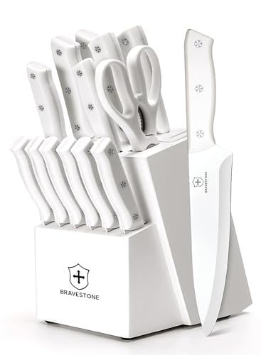 BRAVESTONE Knife Set, 15 Piece Kitchen Knife Set with Block Self Sharpening, Dishwasher Safe, Anti-slip Handle (Cream)