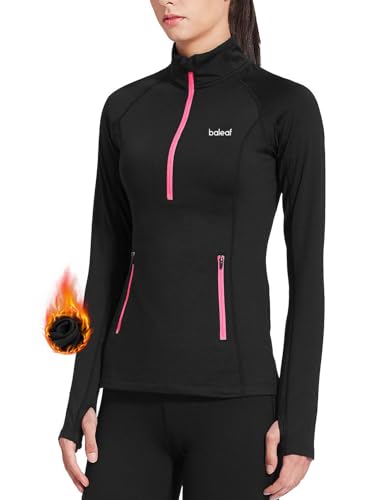 BALEAF Women's Running Jacket Thermal Fleece Pullover Half Zip Tops Thumbholes Winter Long Sleeve Cold Weather Black XS