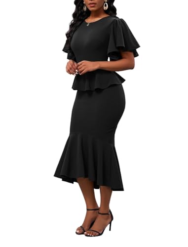 Ruffle Sleeve Fishtail Dress for Women Evening Elegant Cocktail Formal Peplum Midi Mermaid Dresses(Black Small)