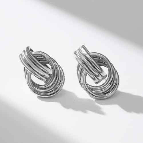 SWEETV Silver Statement Geometric Dangle Drop Earrings for Women, Trendy Chunky Twisted Knot Link Earring Dupes, Fashion Women's Stud Earrings Jewelry Gift,Silver