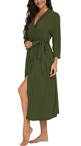 VINTATRE Women Kimono Robes Long Knit Bathrobe Lightweight Soft Knit Sleepwear V-neck Casual Ladies Loungewear Dark Green-Medium