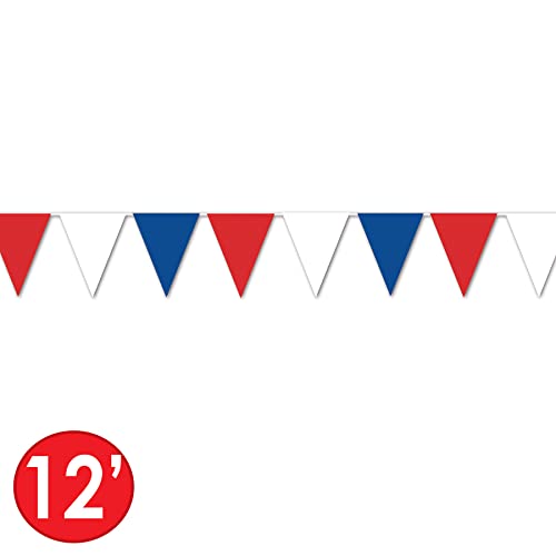 Beistle Red, White & Blue Triangle Pennant Banner, 11” x 12’ – Patriotic Flag Porch Decorations, Themed Party Supplies for 4th of July & Memorial Day, Festive American Summer Holiday Decor