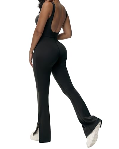 Wenlia One Piece Workout Jumpsuits for Women Slit Flared Athletic Jumpsuits Backless Yoga Running Bodycon Jumpsuit