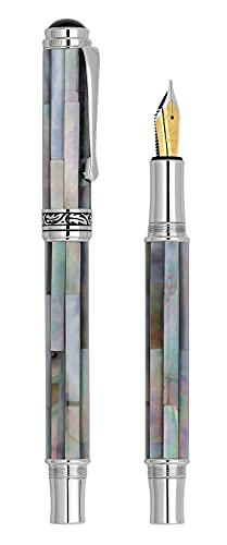 Xezo Maestro Fountain Pen, Medium Nib. Handcrafted with Black Mother of Pearl Inlay. Platinum Plated. Limited Edition, Serialized. No Two Alike