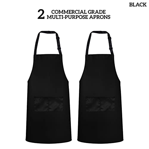 GREEN LIFESTYLE 2 Pack Bib Apron - Unisex Black Aprons, Machine Washable Aprons for Men and Women, Kitchen Cooking BBQ Aprons Bulk (Pack of 2, with Pockets, Black)